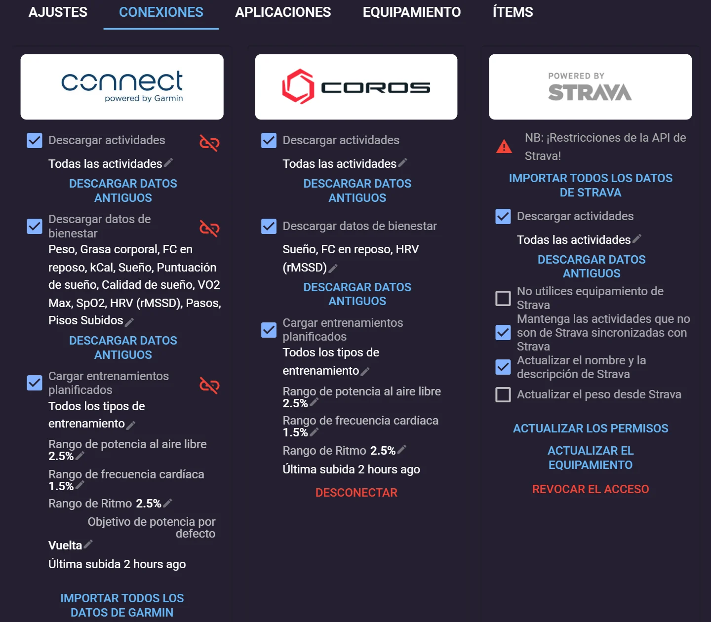 Pestaña Conexiones de Intervals.icu con Garmin Connect y COROS conectados y opciones de descarga de actividades y bienestar